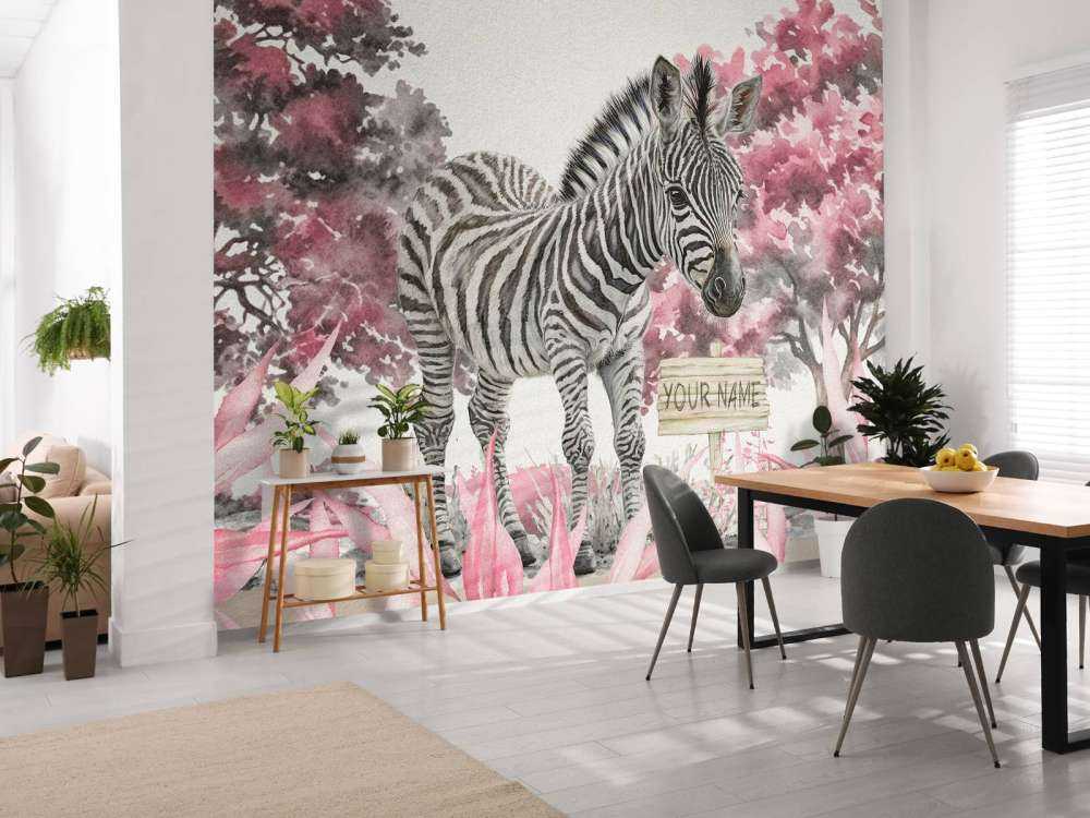 Young zebra in the wild pink