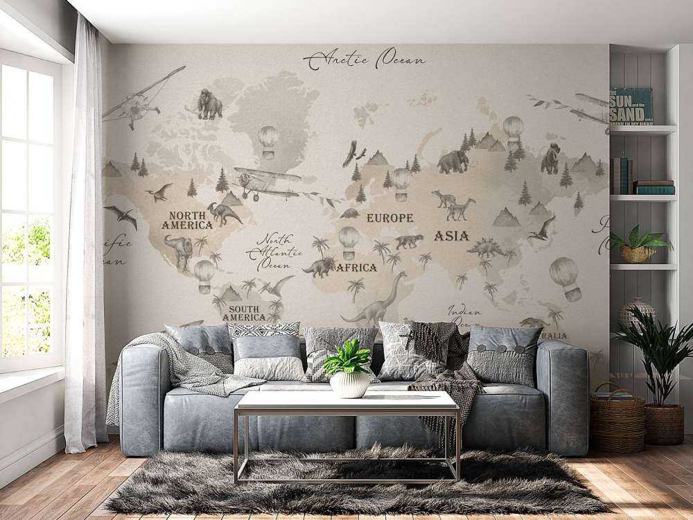 Wereldkaart met dino's off-white