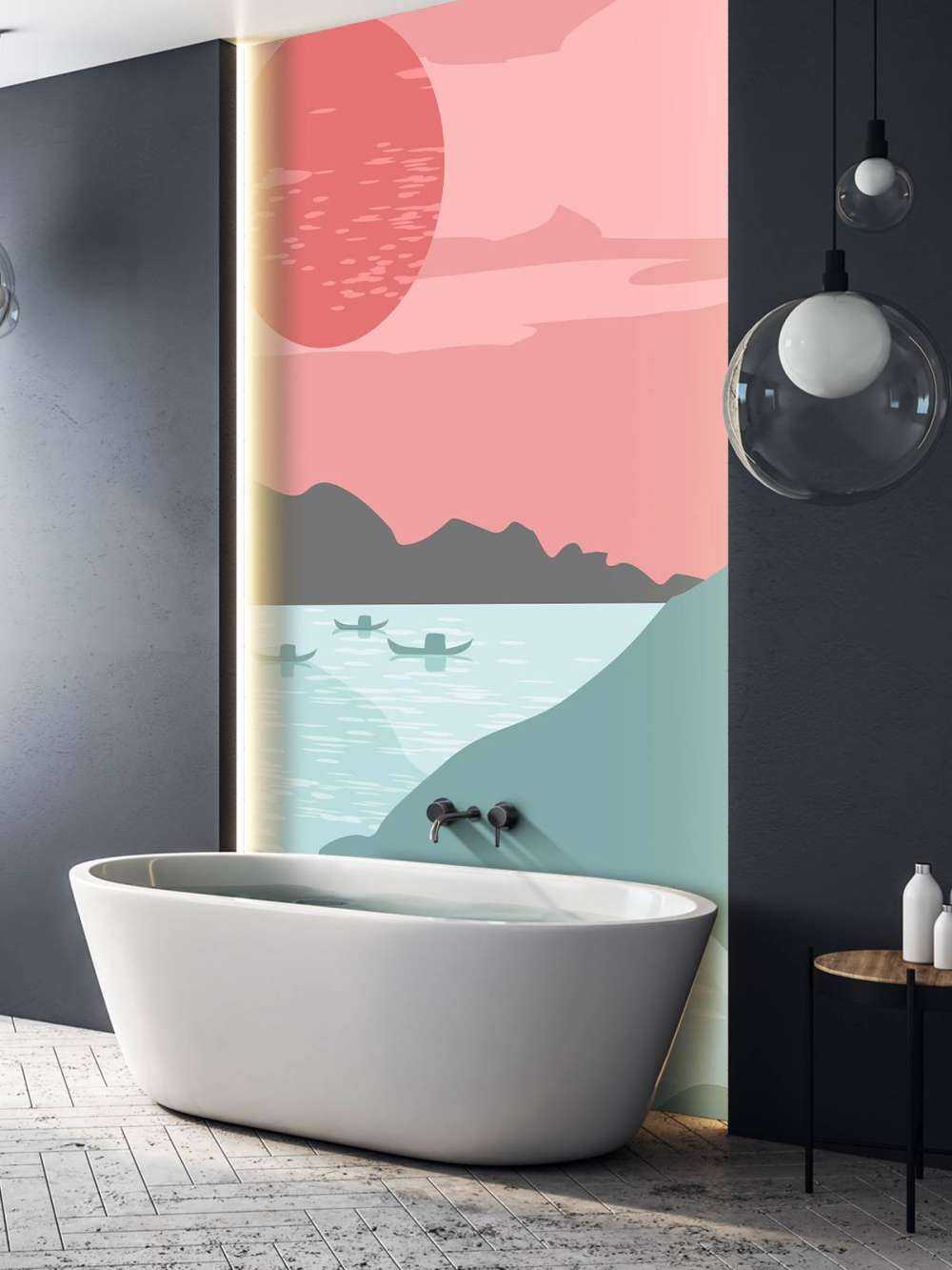 Illustratie van bergen en bootjes