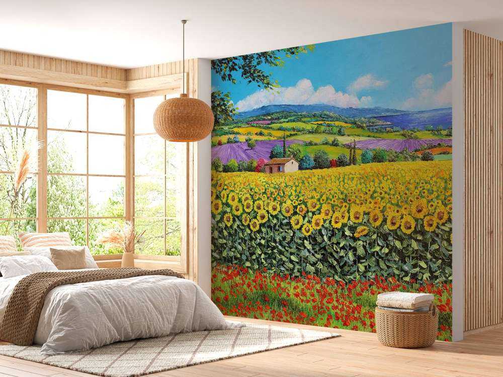 sunflowers, lavender, and sea