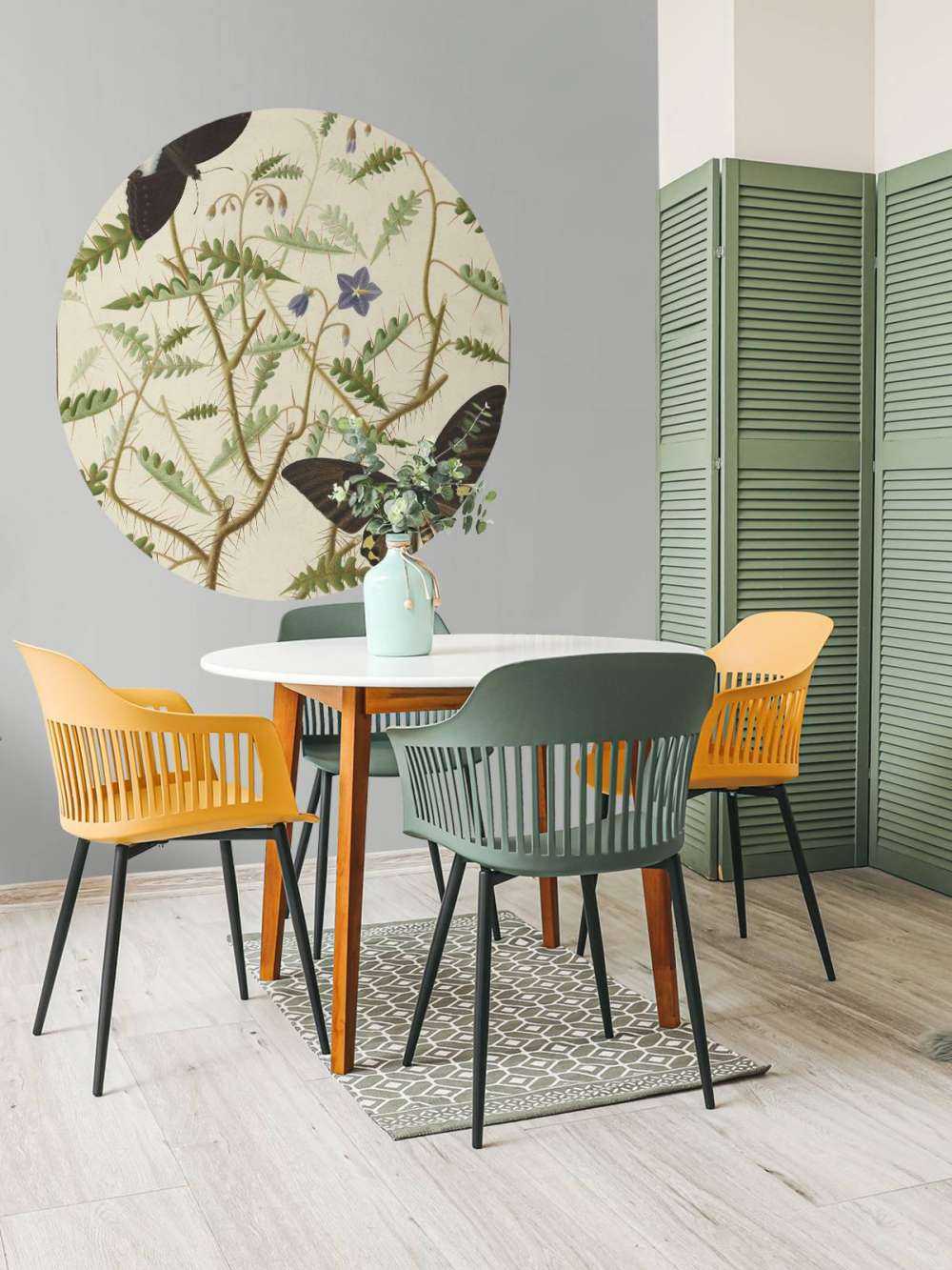 A blossoming shrub with two exotic butterflies