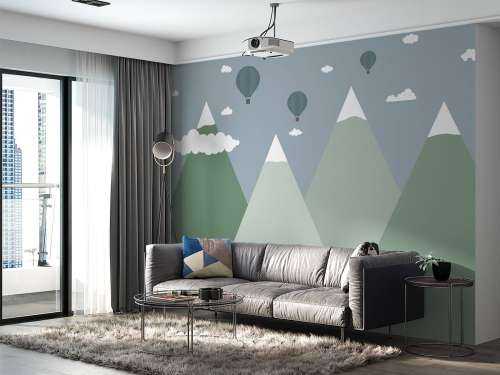 Mountain landscape with hot air balloons