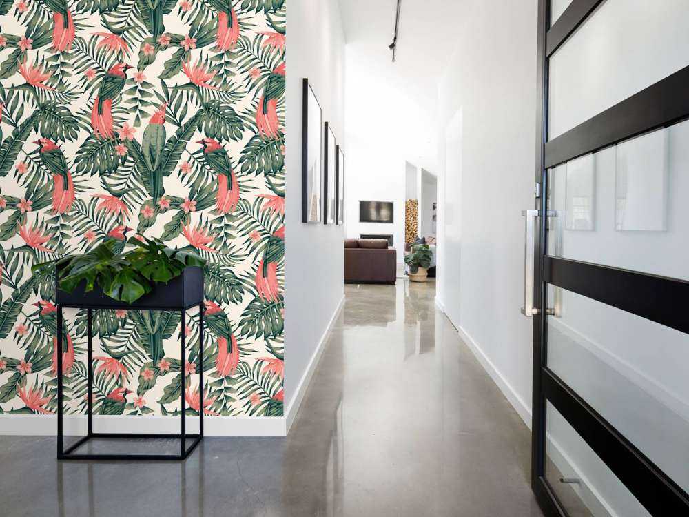 Tropical plants, flowers and birds