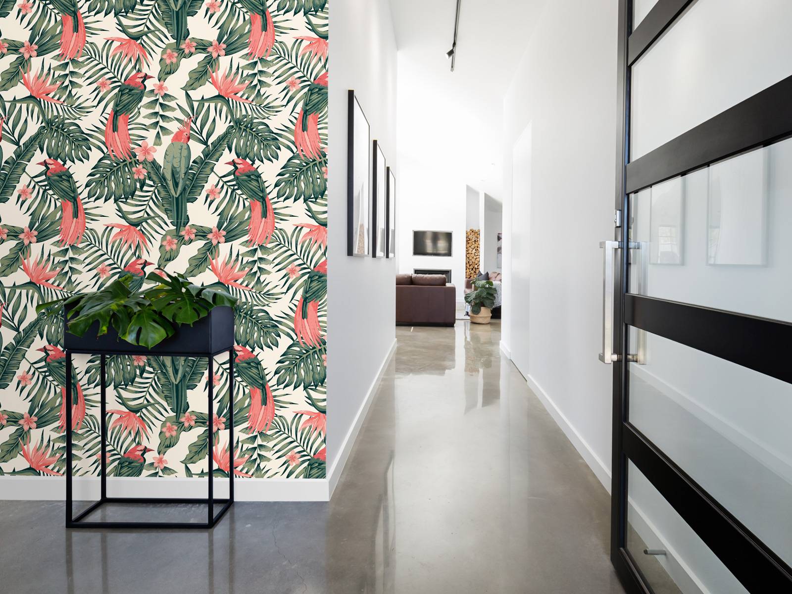 Tropical plants, flowers and birds