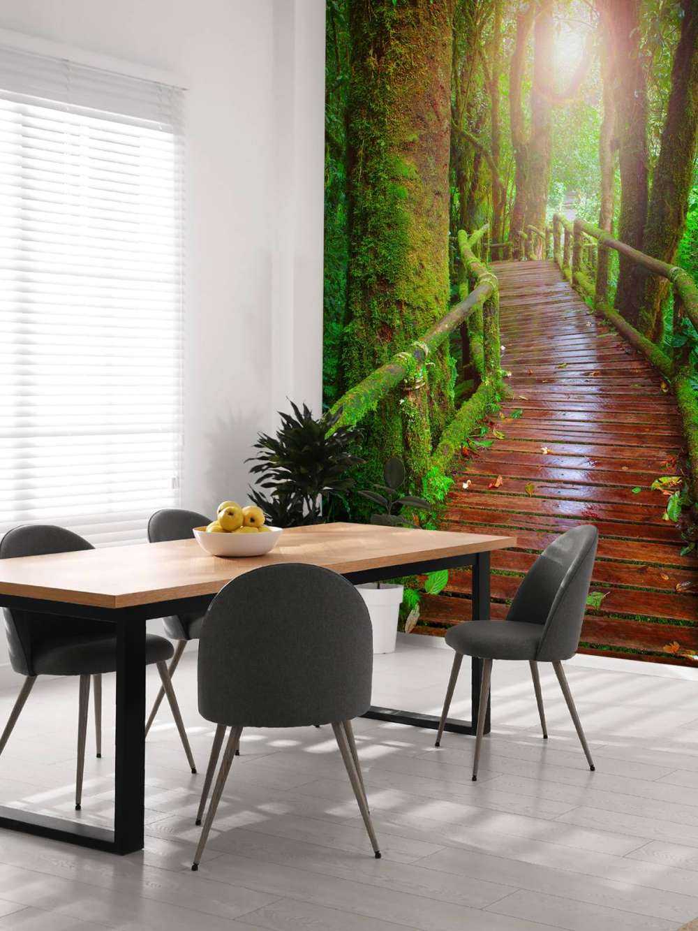 Behang met een houten brug