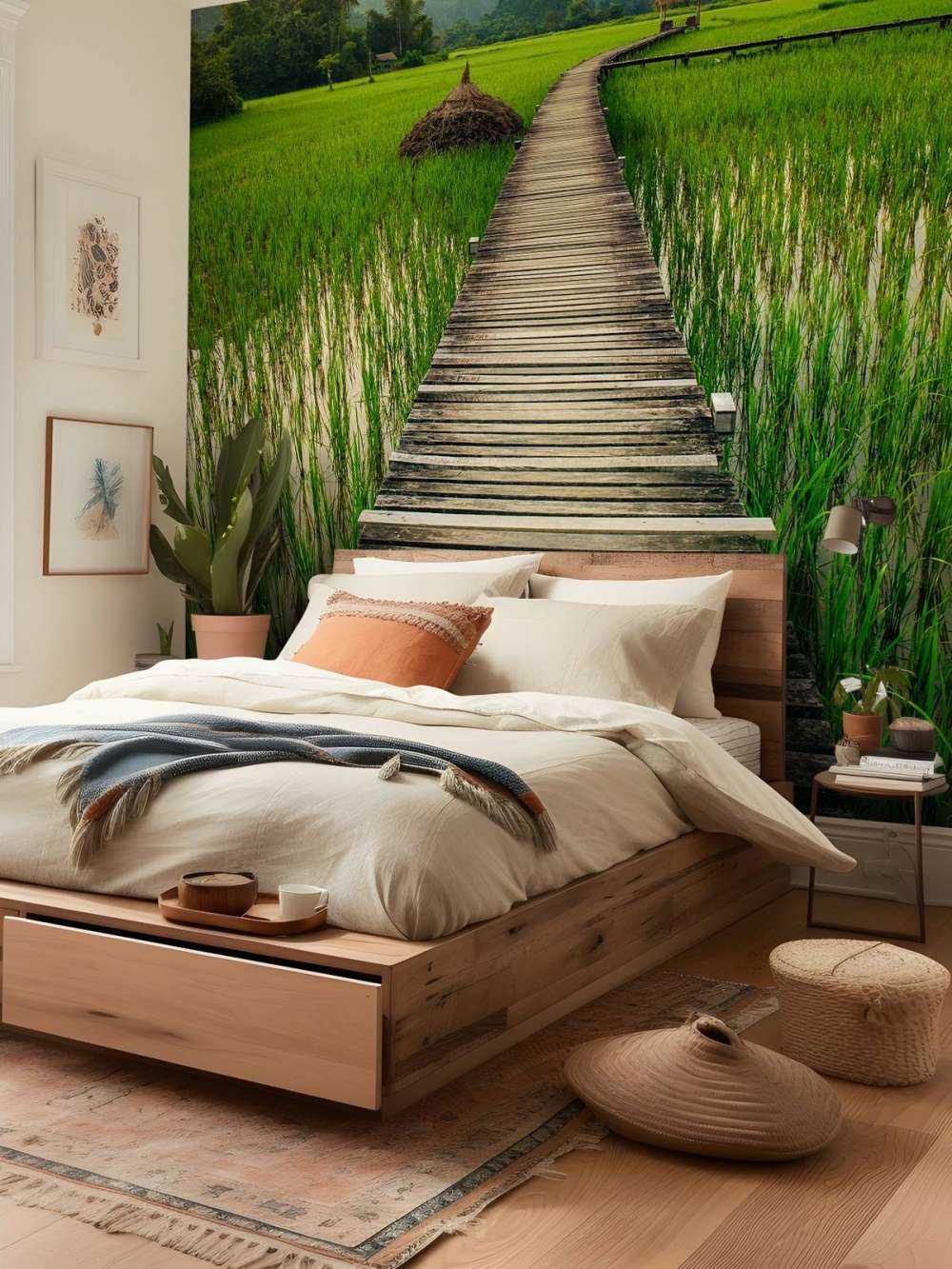 Wooden scaffolding through a rice field