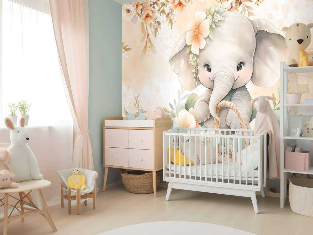 Cute elephant in flower basket