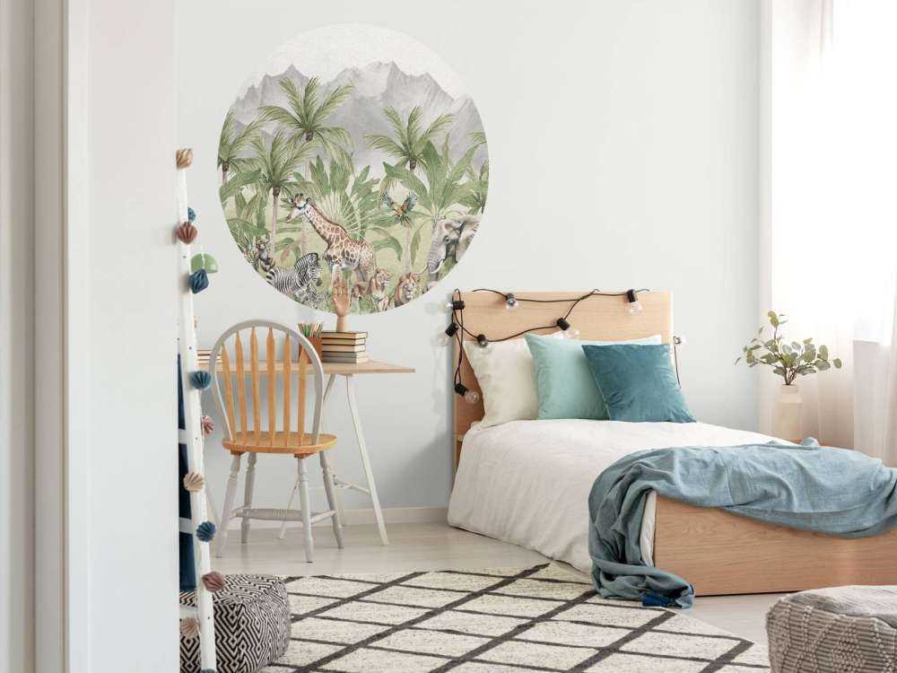 Mountain scenery with animals in color