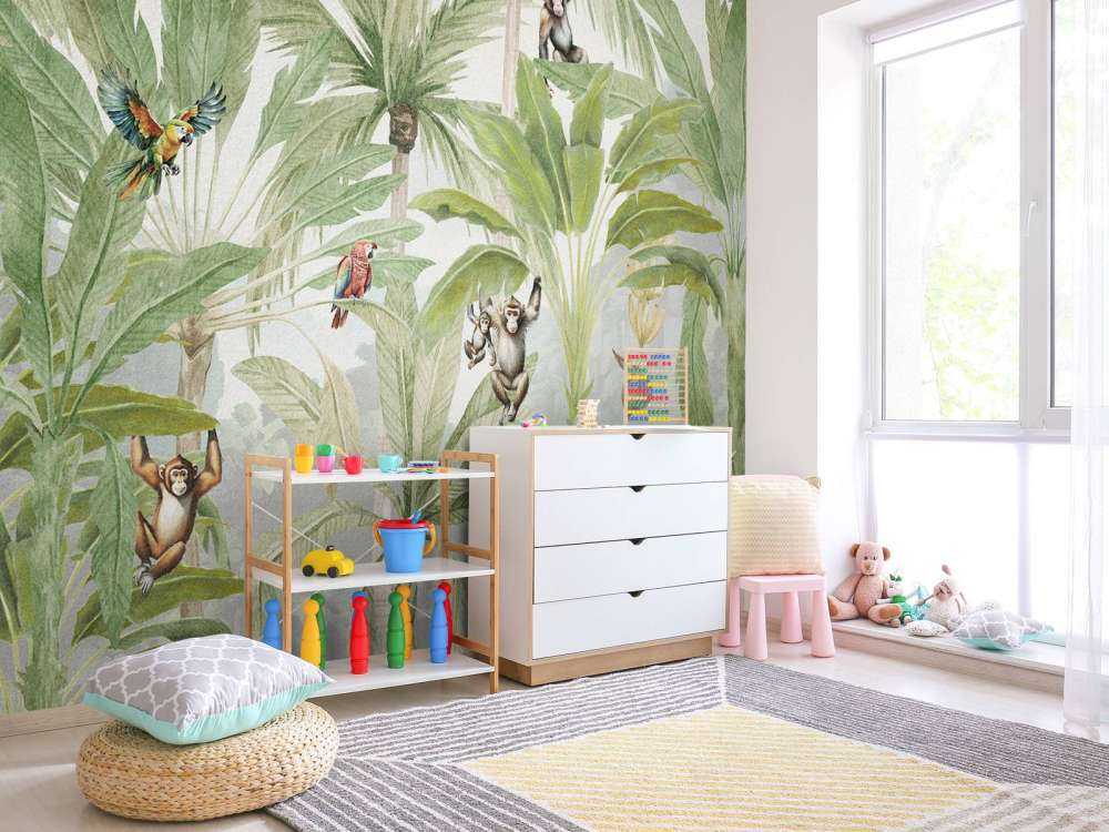 Jungle with monkeys and parrots in color