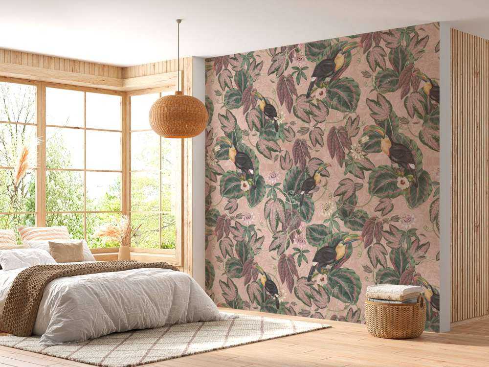 Tropical Jungle birds & toucans - pink