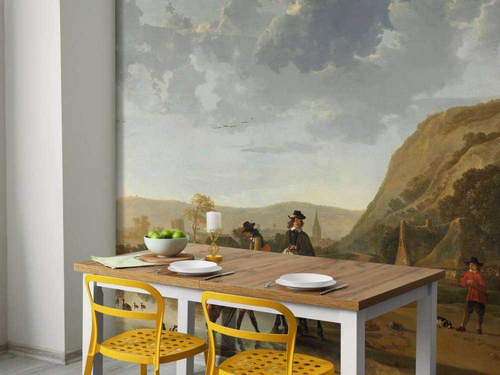 River landscape with horsemen