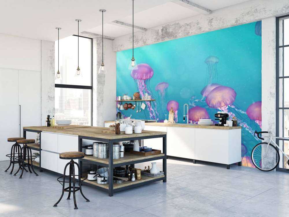 Pink jellyfish in blue sea