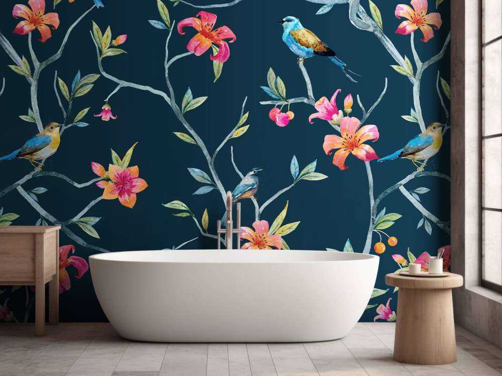 Tropical flowers and birds