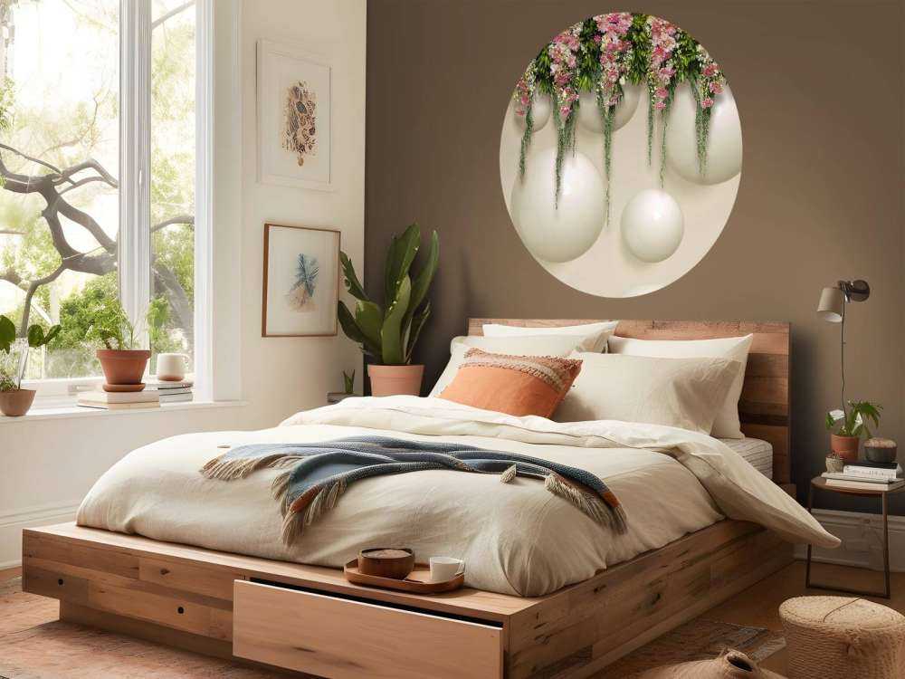 Hanging pink flowers on 3D wall