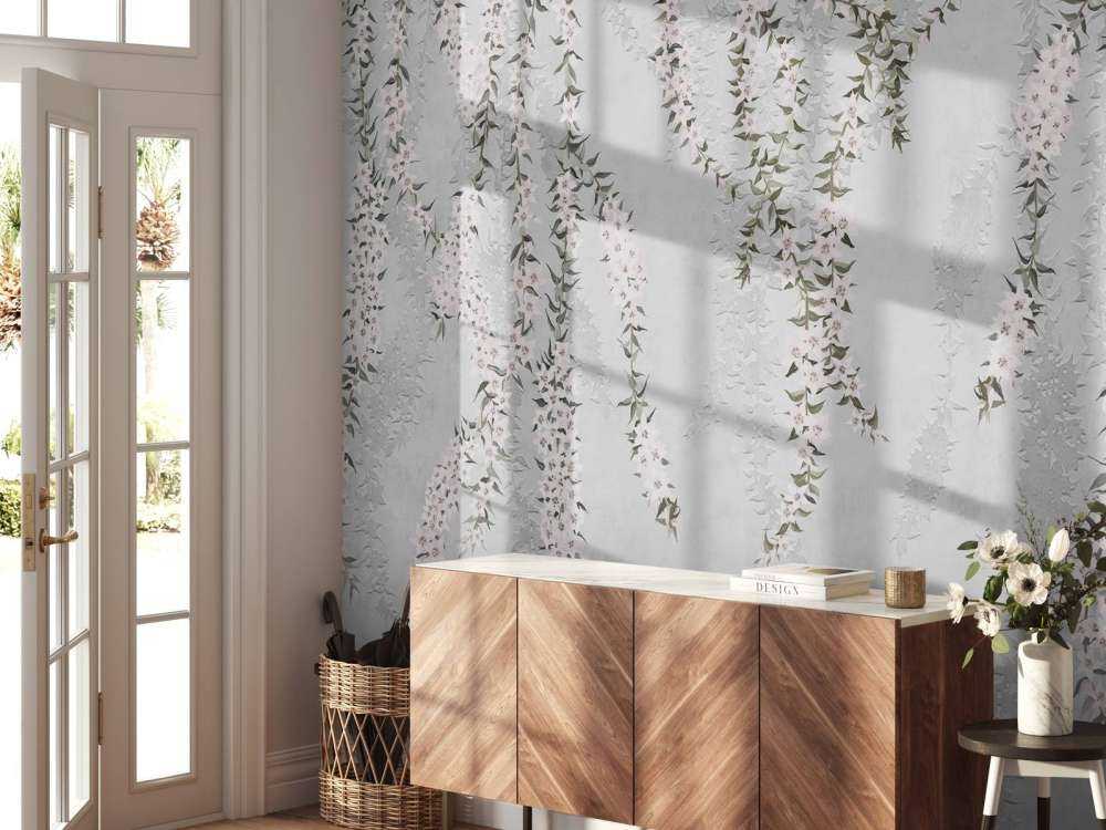 Flower branches on light blue concrete