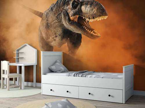 Tyrannosaurus walking through smoke