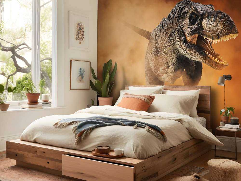 Tyrannosaurus walking through smoke