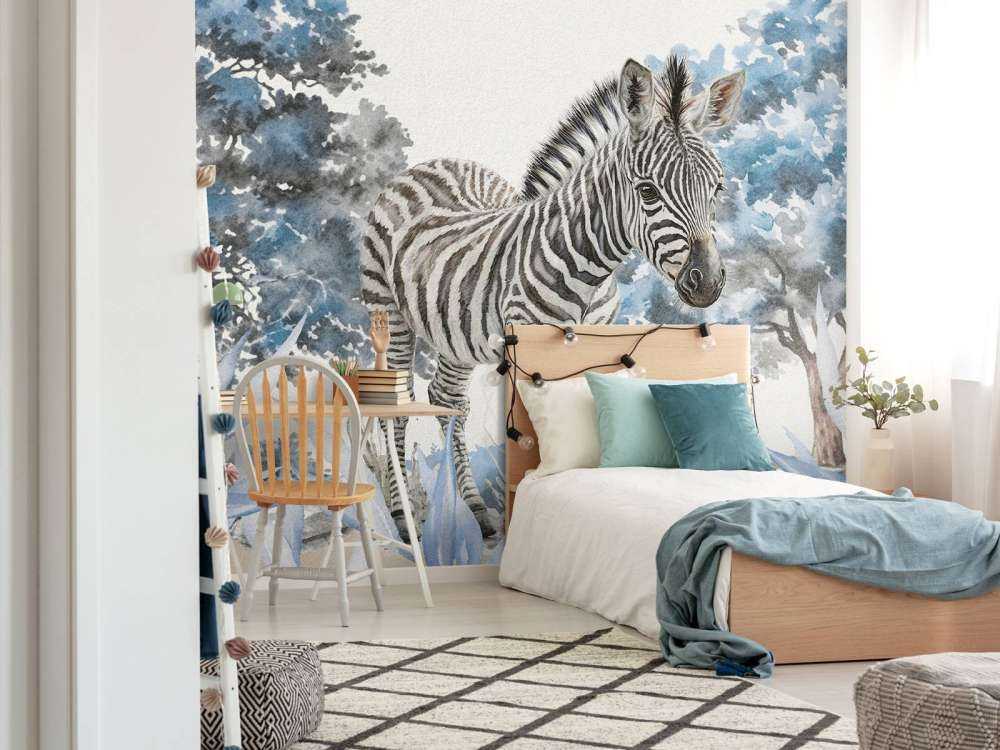 Young zebra in the wild blue