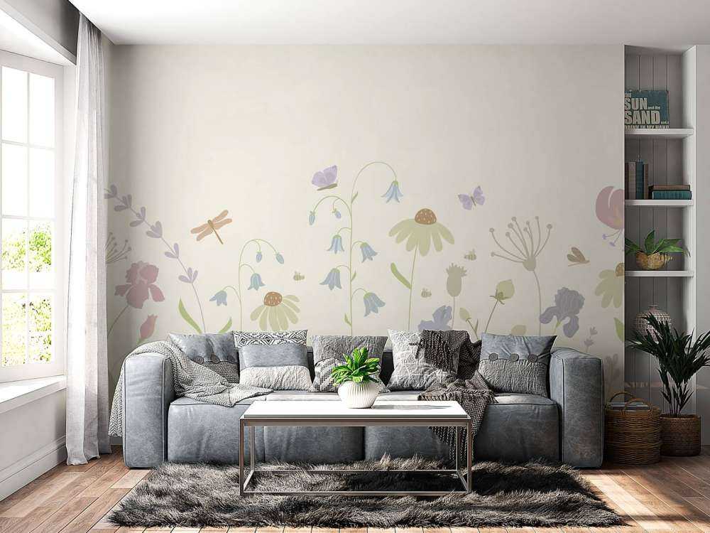 Flower field high with butterflies beige, old pink, green and lilac