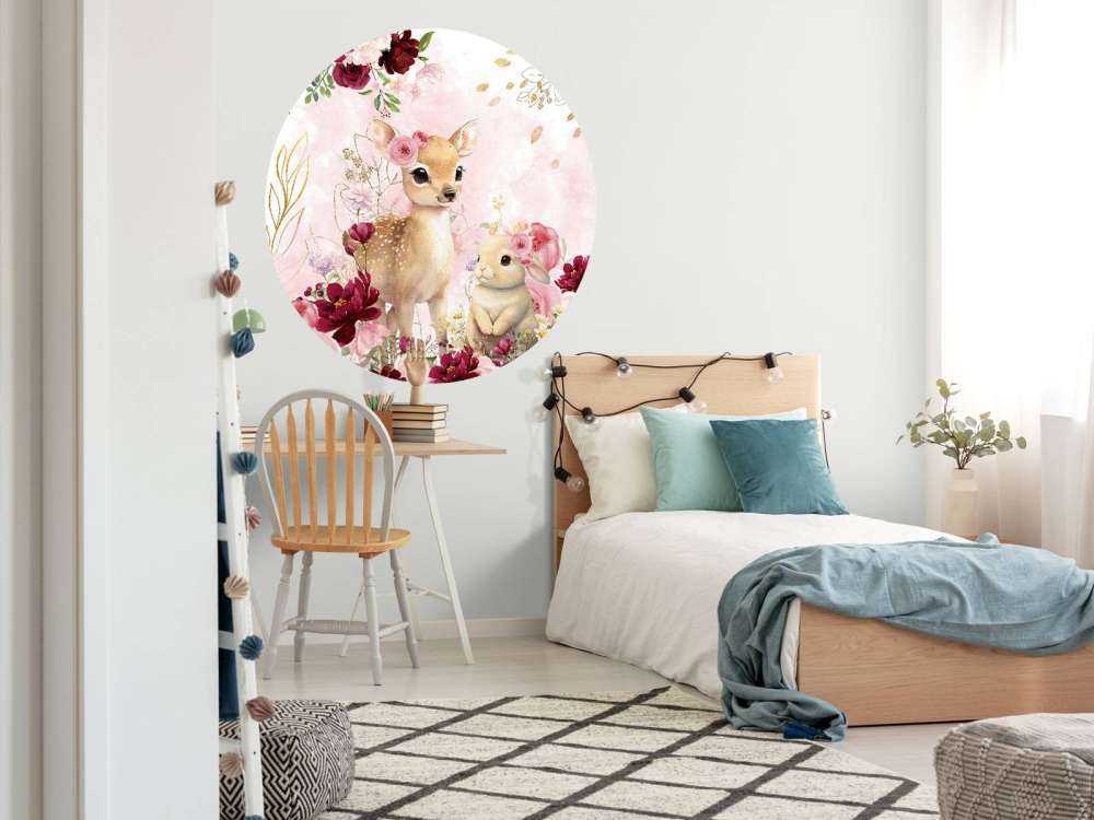Fawn and rabbit in floral splendor