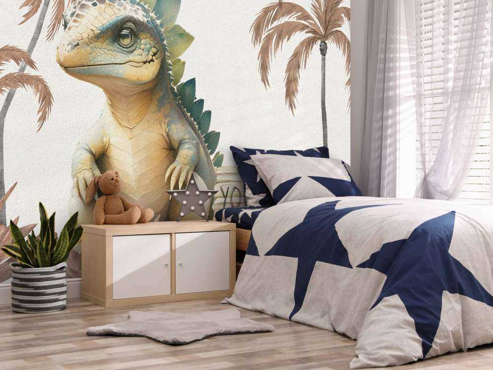 Baby stegosaurus in the taupe jungle