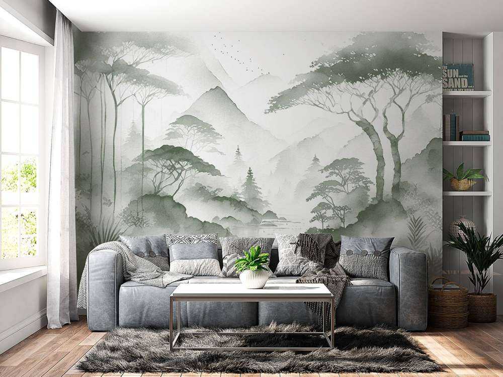 Mountain Lake in Misty Ink, green