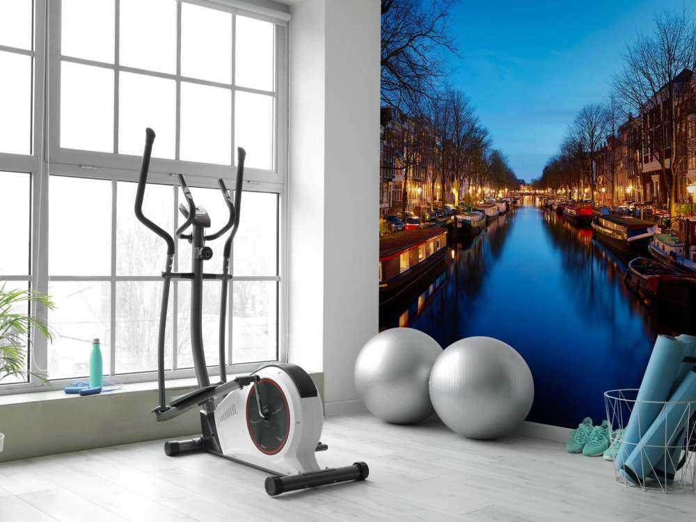 Houseboats along illuminated canal