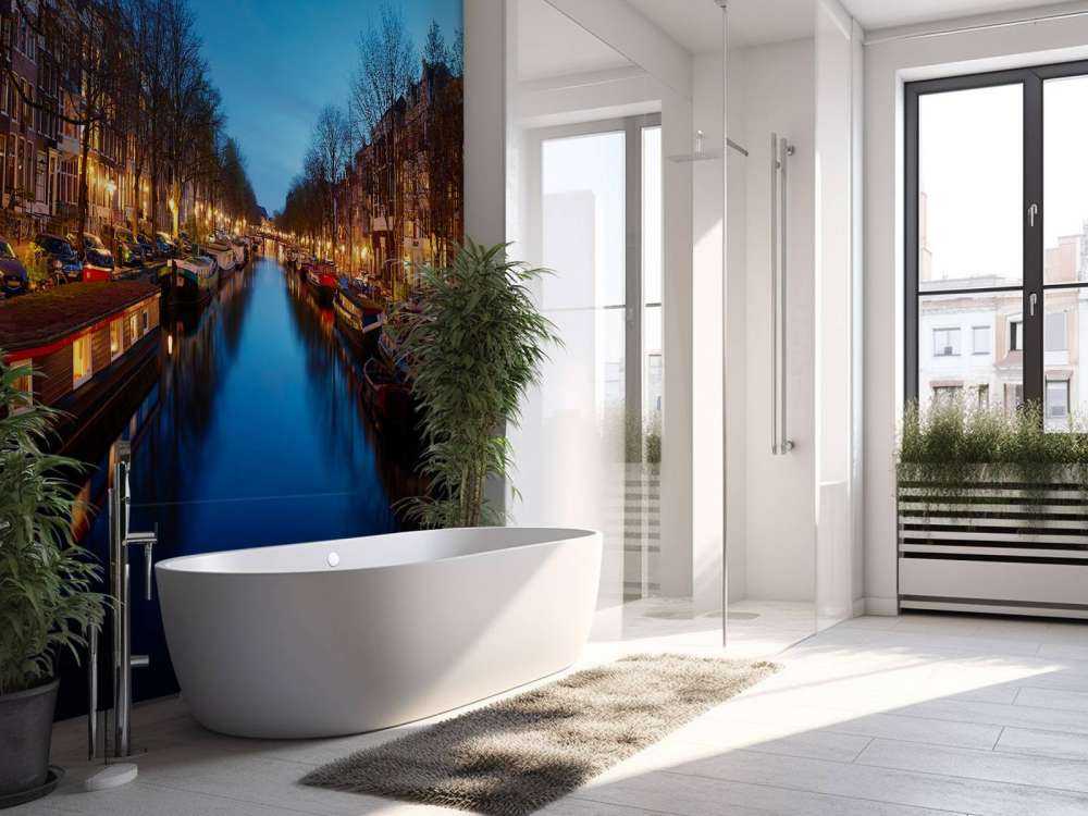 Houseboats along illuminated canal