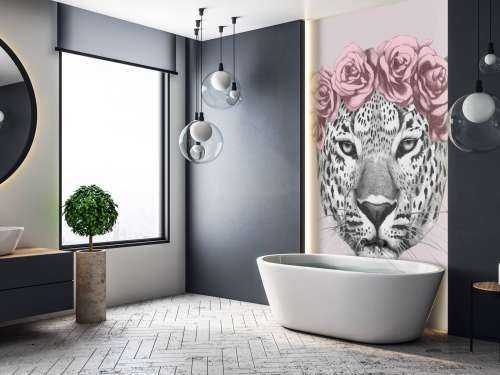 Leopard with pink flowers