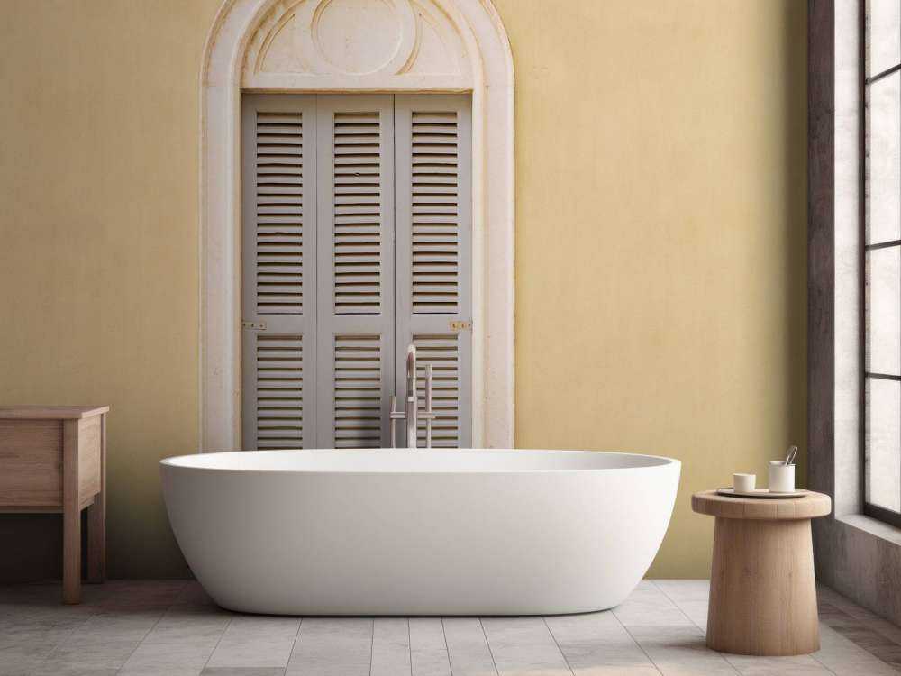 Window with wooden shutters on yellow wall