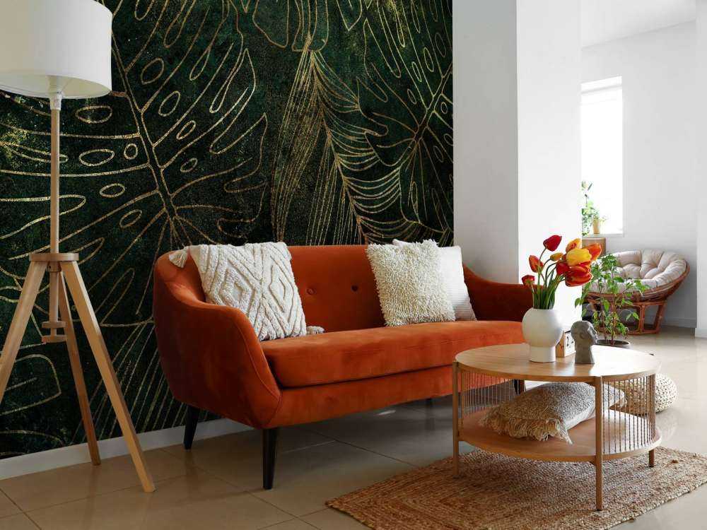 Green texture with golden leaves