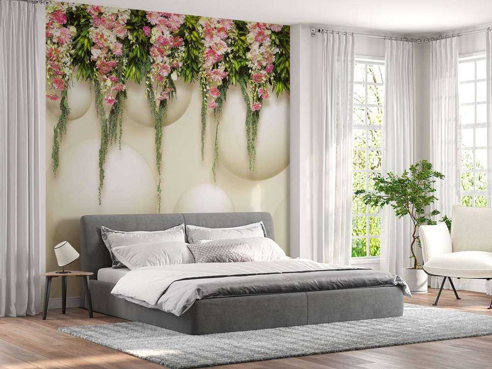Hanging pink flowers on 3D wall