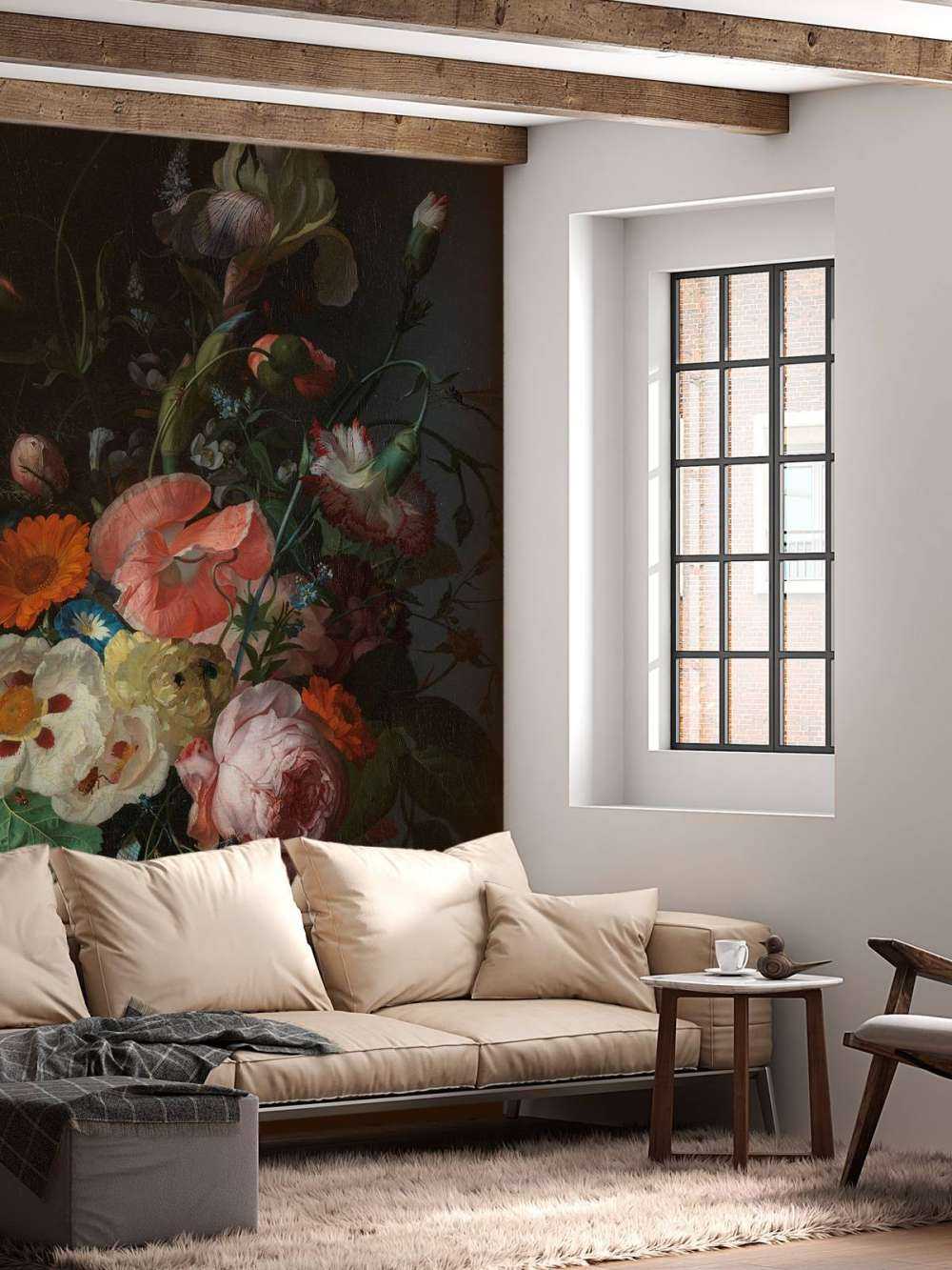 Still life with flowers on a marble tabletop