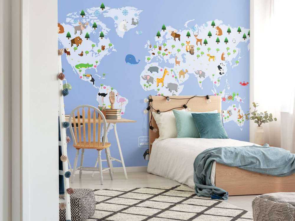 World map for children with blue background