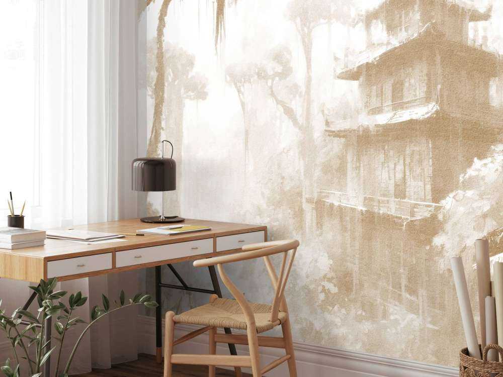 Hidden Hut in Misty Forest, taupe