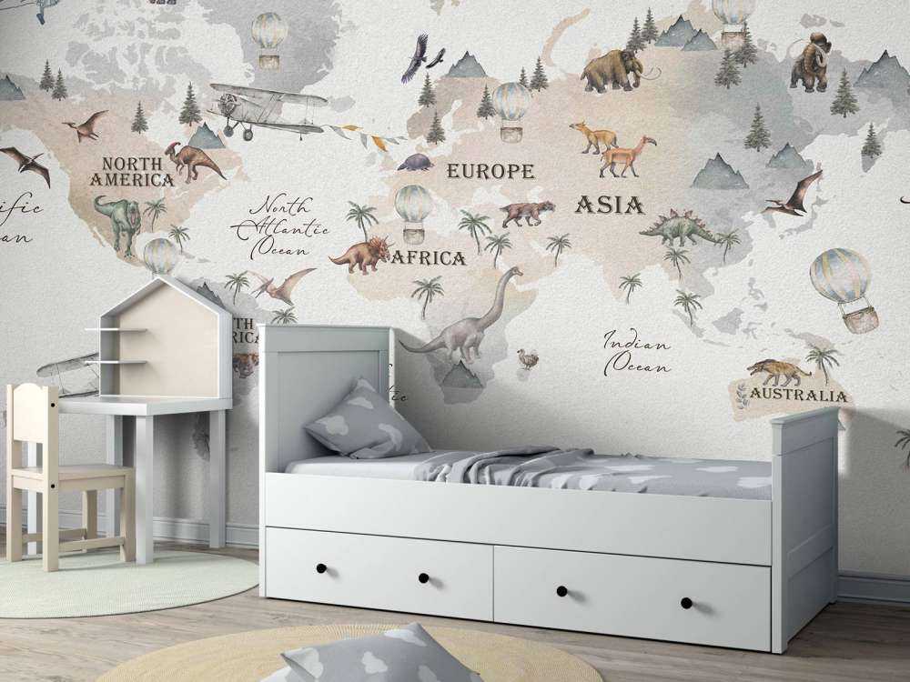 World map with dinosaurs