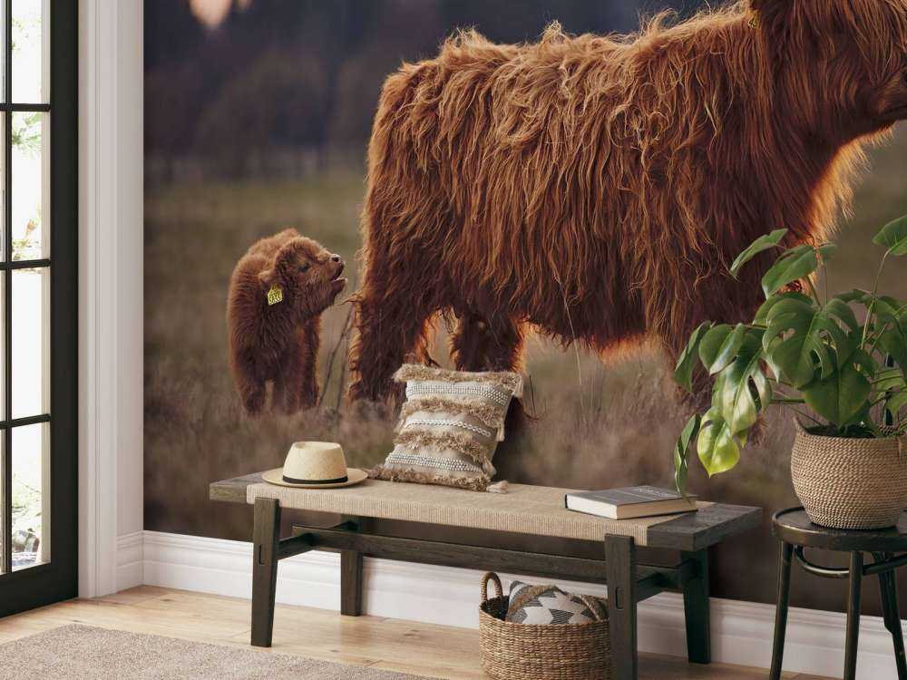 Scottish Highlanders in the meadow