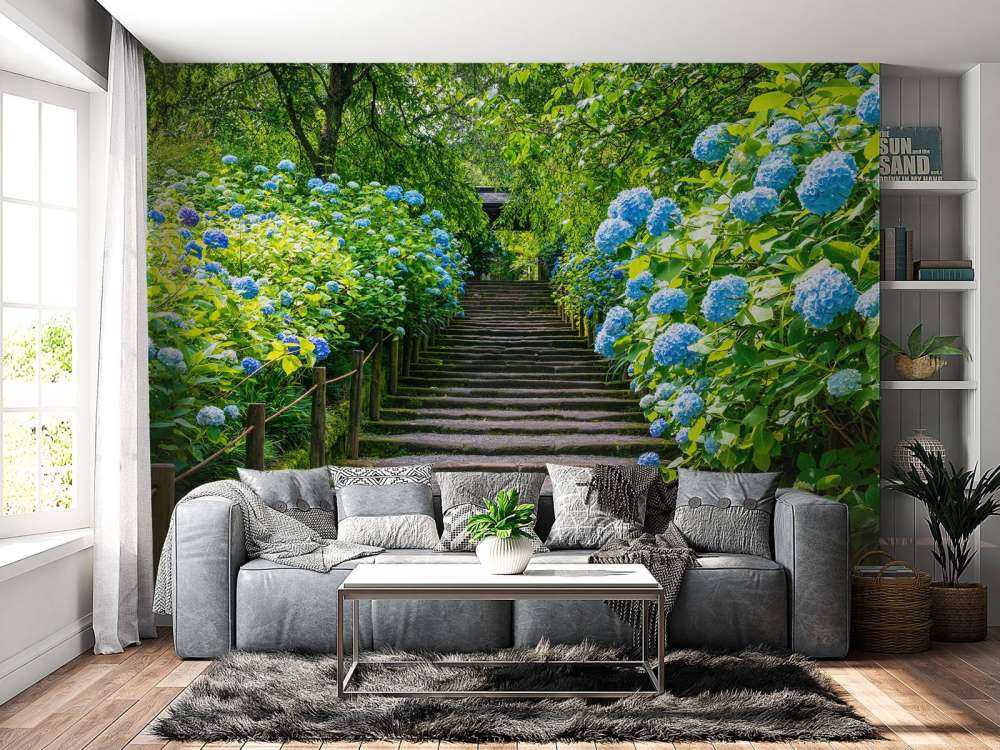 Stairs between hydrangeas