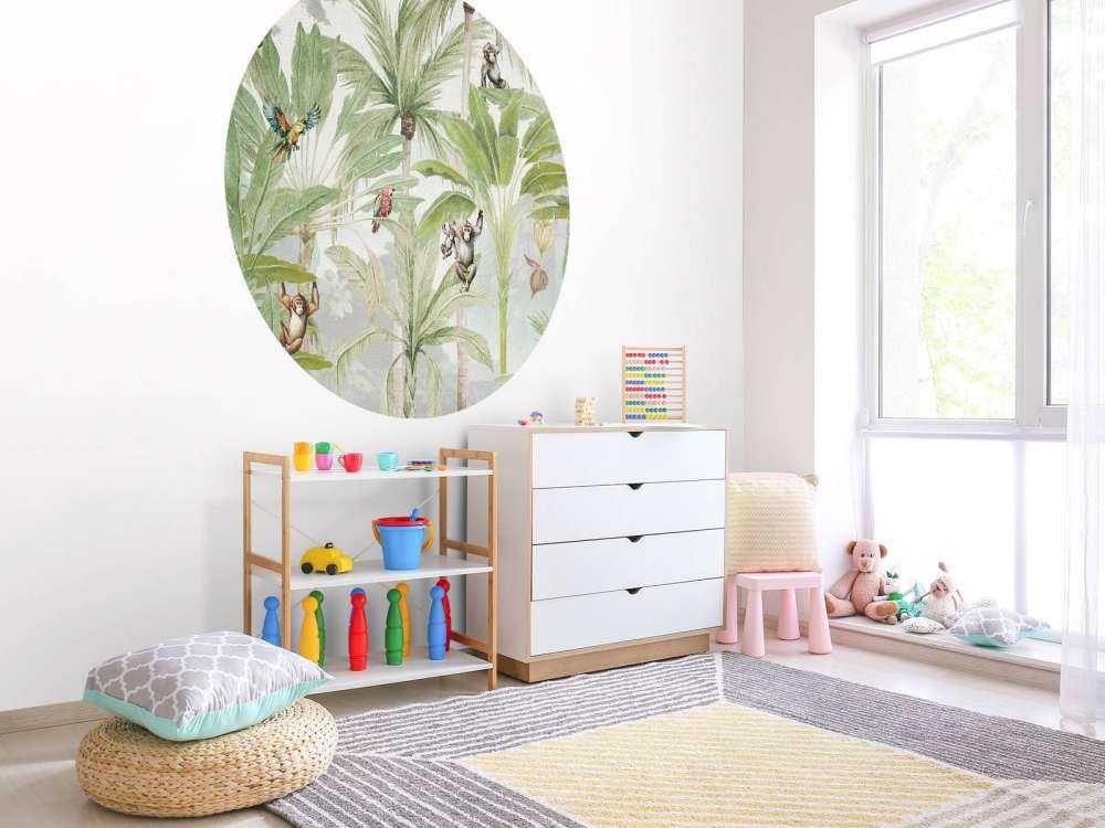 Jungle with monkeys and parrots in color