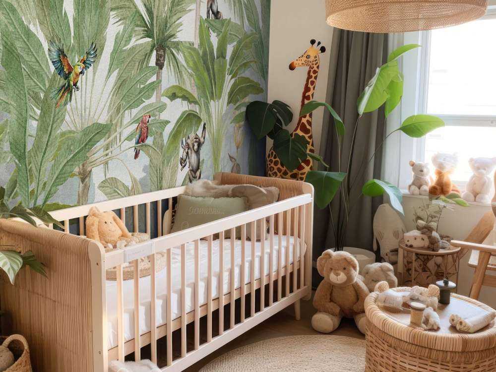 Jungle with monkeys and parrots in color