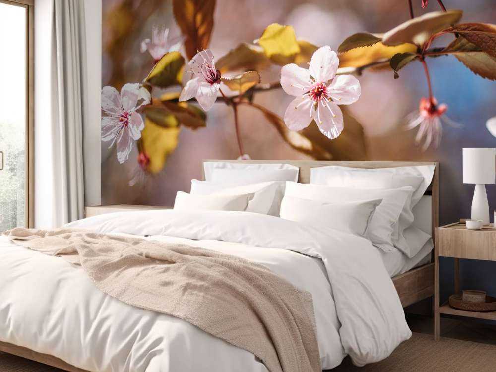 Pink blossoms and brown leaves