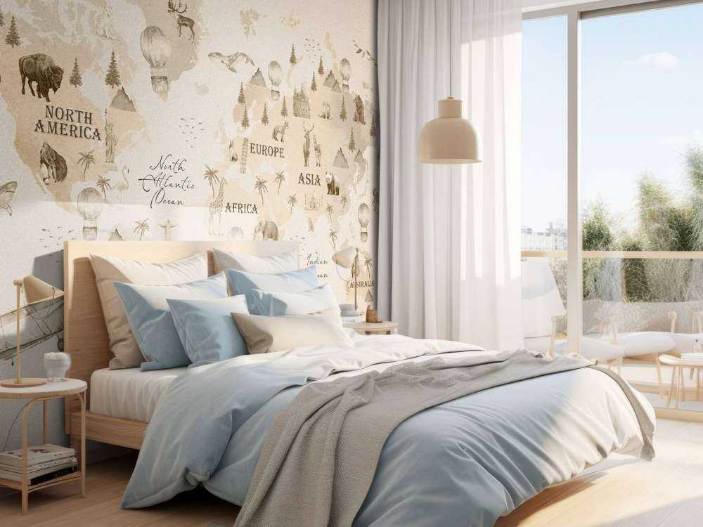 Wereldkaart met verschillende dieren beige