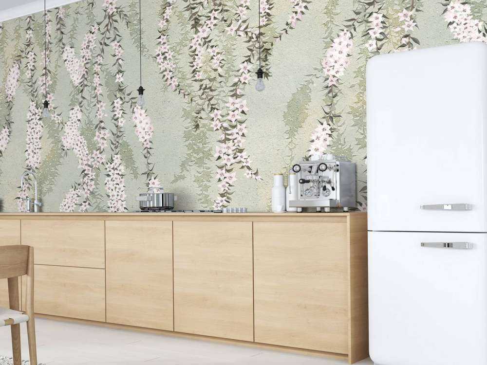 Flower branches on green concrete