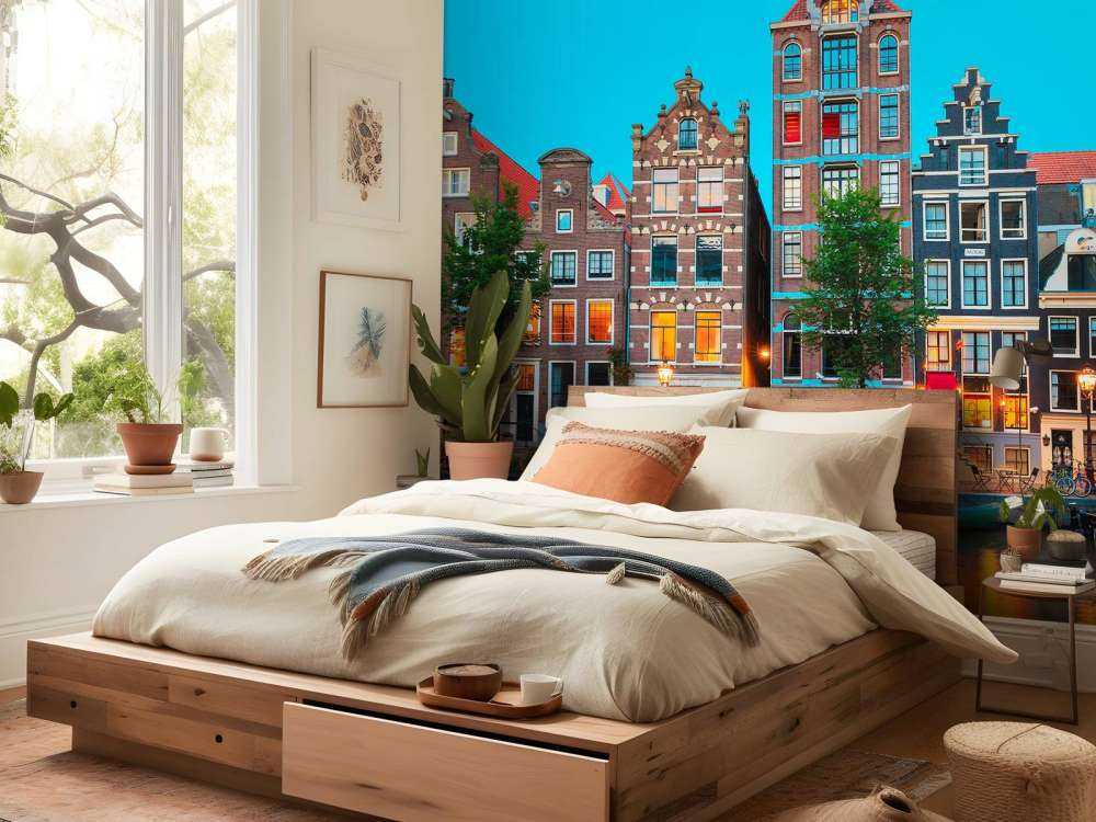 Amsterdamse grachtenpanden in de avond