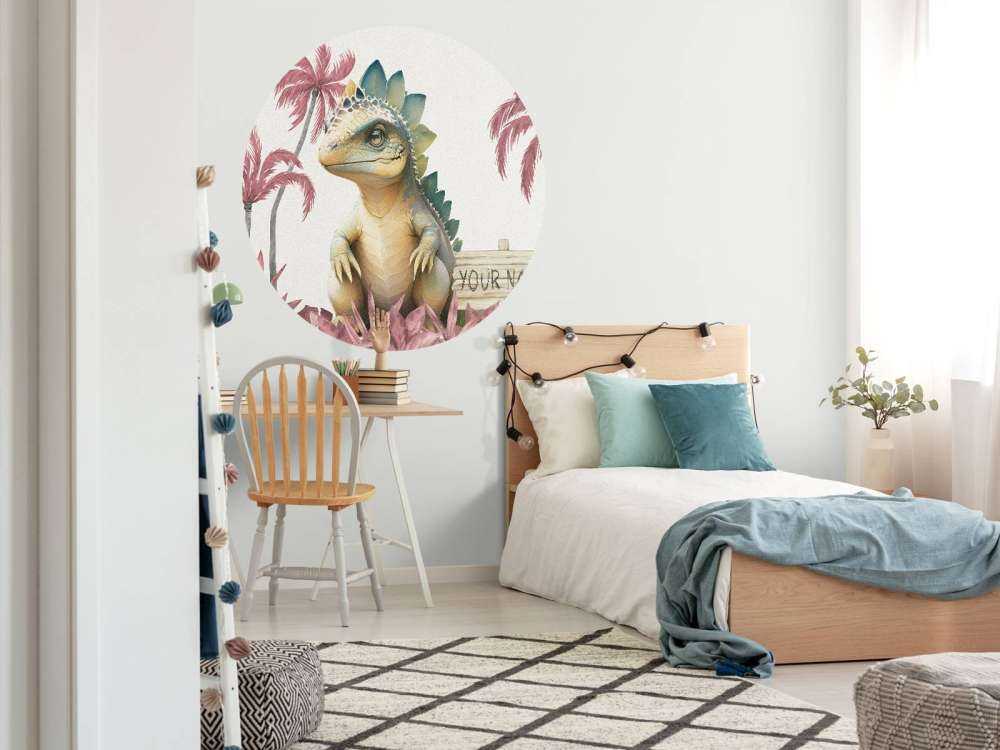 Baby stegosaurus in the pink jungle