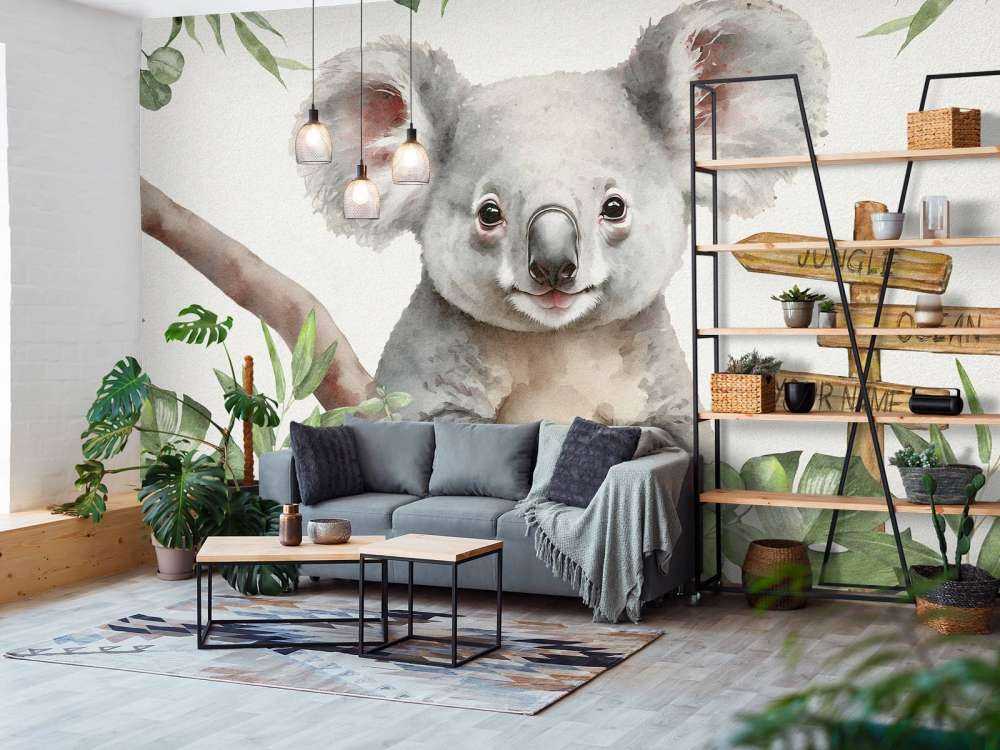 Koala Backdrops, Tropical Animals Fabric Backdrop, Blue Grey And Green Custom Banner, popular Jungle Wildlife Photo Wall, Forest Photo Backdrop