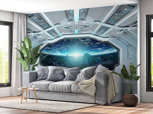 Spaceship with view on a planet