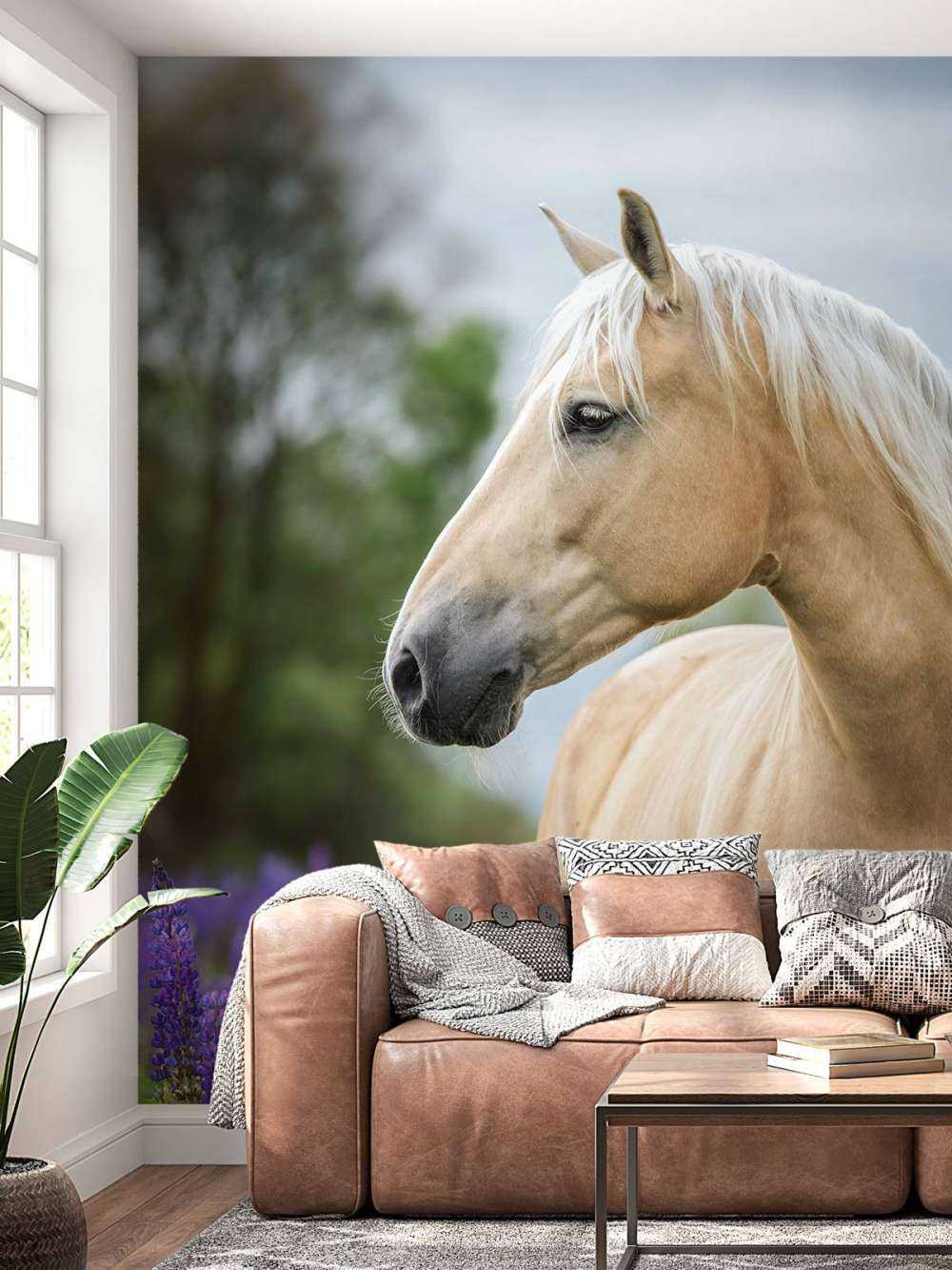 Horse among the butterfly flowers