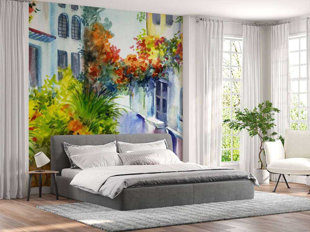 Watercolor flowers and buildings