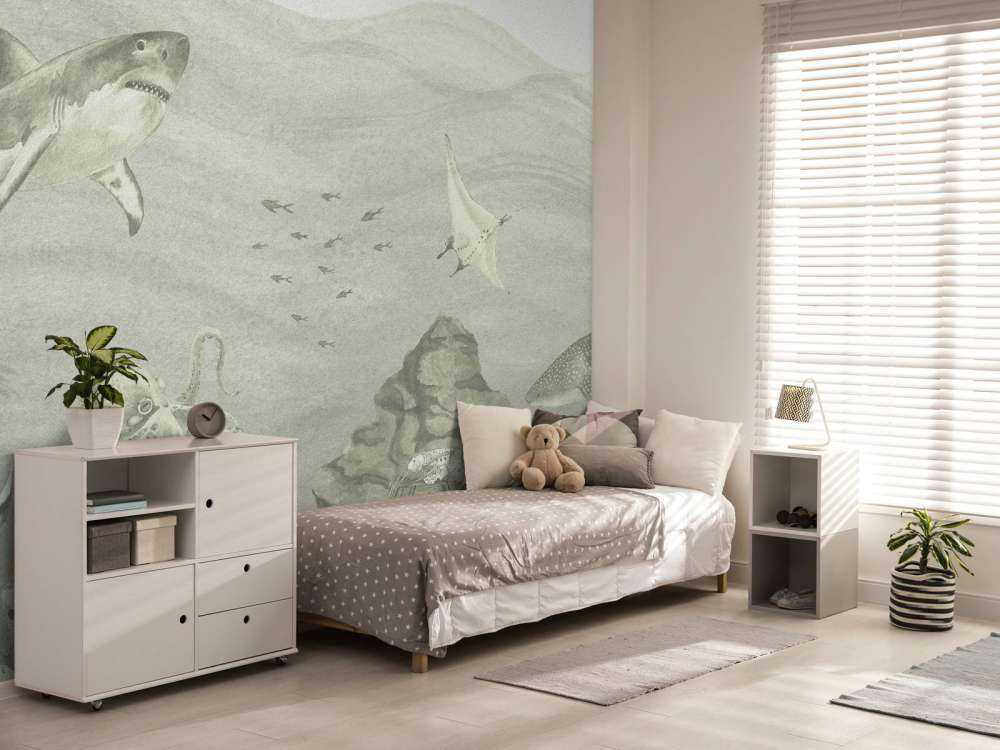 Underwater world with sharks in green